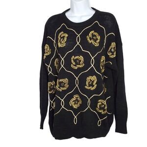 Vtg 80s Womens Hand Beaded Sweater XL Black Goldtone Embellished